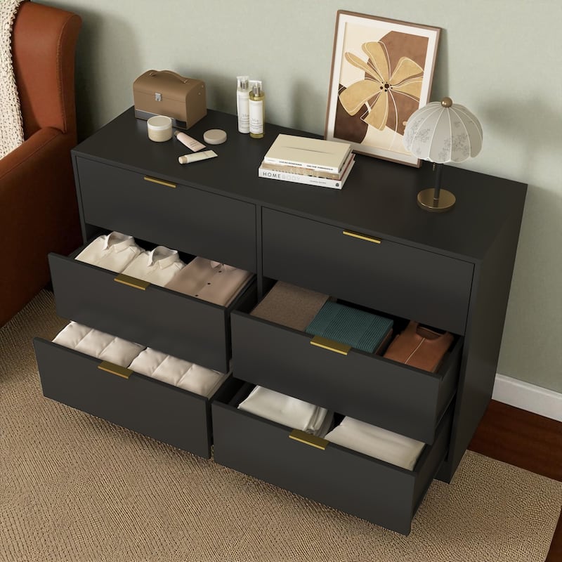 Modern 6 Drawer Dresser, 47" Wide Storage Cabinet, Wooden Chest of Drawers for Bedroom and Entryway
