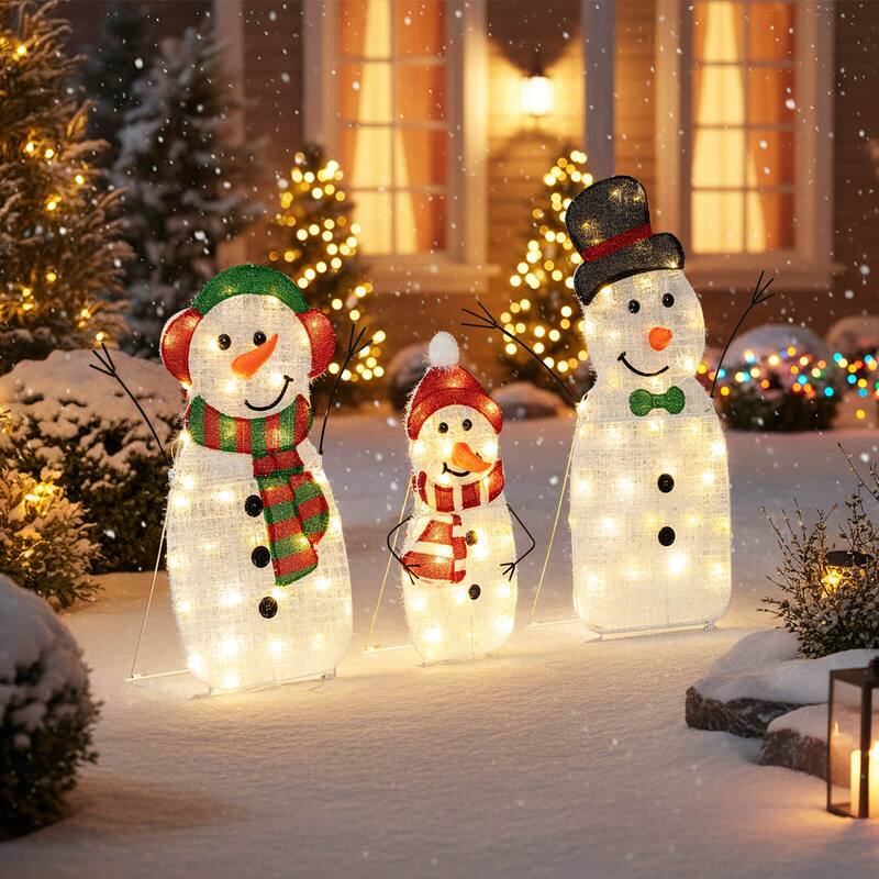 Costway 3PCS Pre-Lit 2D Snowman Set with LED Lights for Home Lawn Yard - as pic shows - See Details