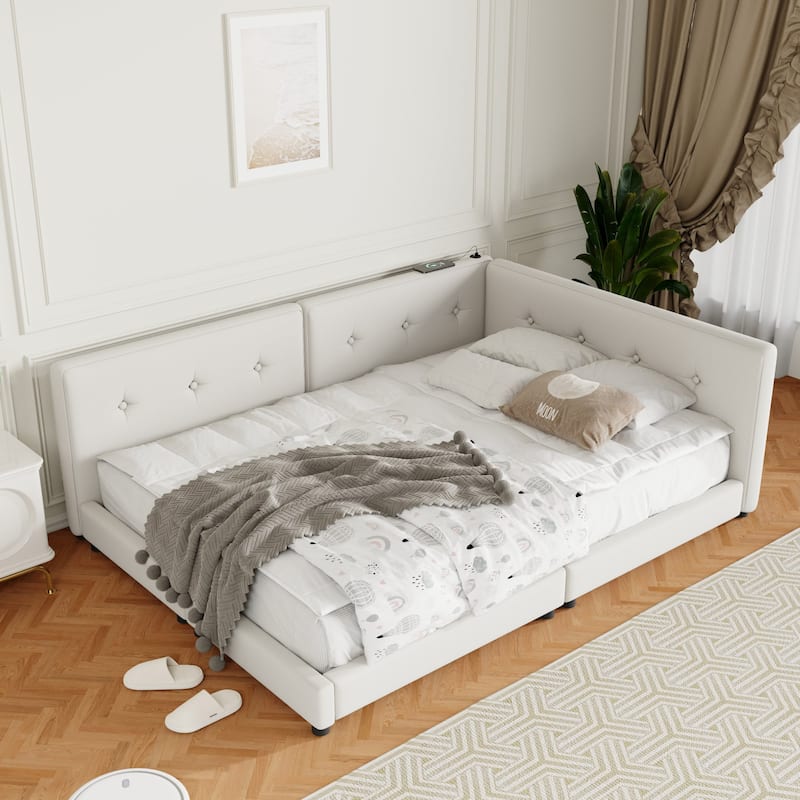 Roomfitters Queen/Full Upholstered Platform Bed with Integrated USB Charging Ports and Soft Padded Frame - Beige - Queen
