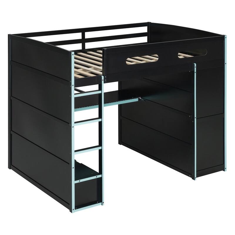 Full Size Versatile Loft Bed w/ Built-in Desk w/ Charging Station, Wood Storage Gaming Bed Frame w/ Wardrobe and Drawer