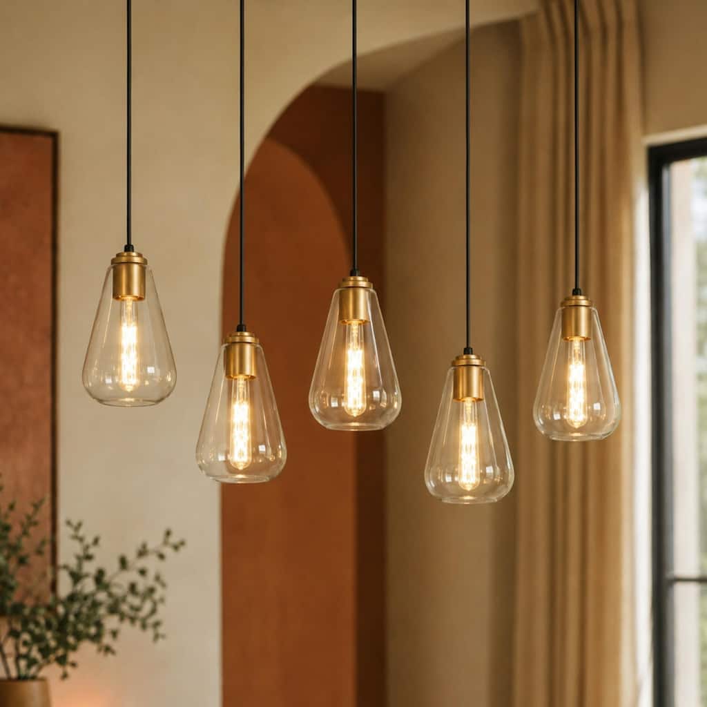 Modern Farmhouse 5-Light Black Gold Chandelier Linear Design with Clear Glass Kitchen Island Light for Dining Room