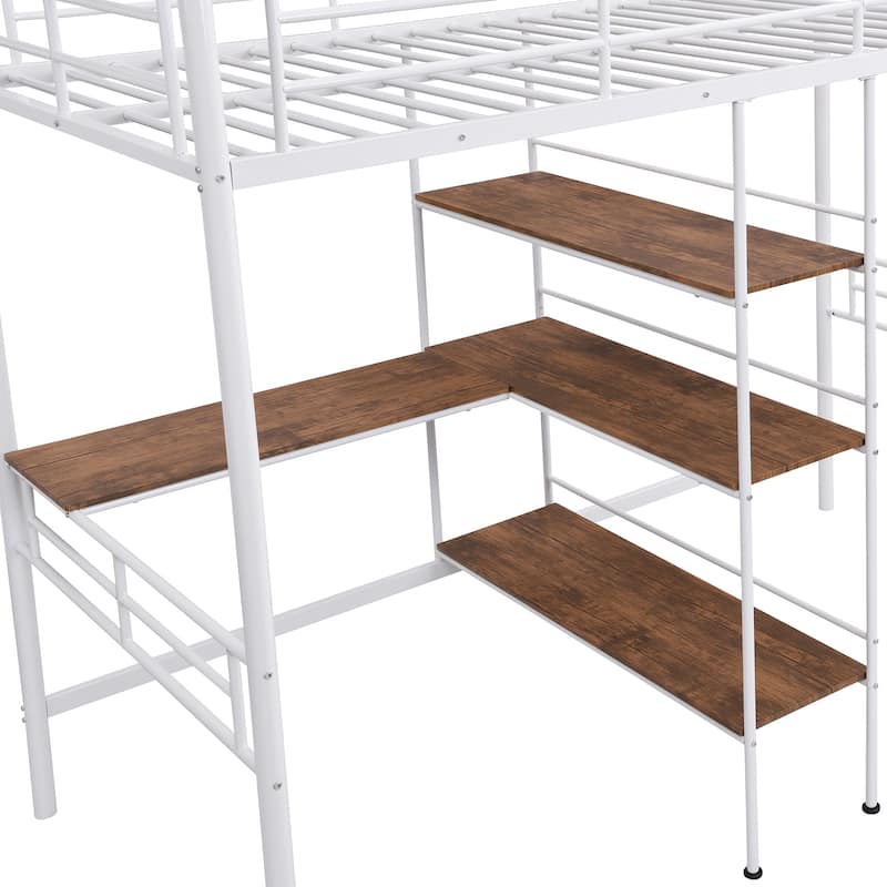 Twin Size Metal Loft Bed with Built-in Desk and Shelves