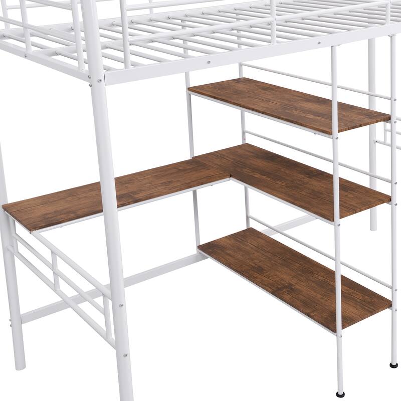 Twin Size White Metal Loft Bed with Built-in Desk & Shelves – Space-Saving Design