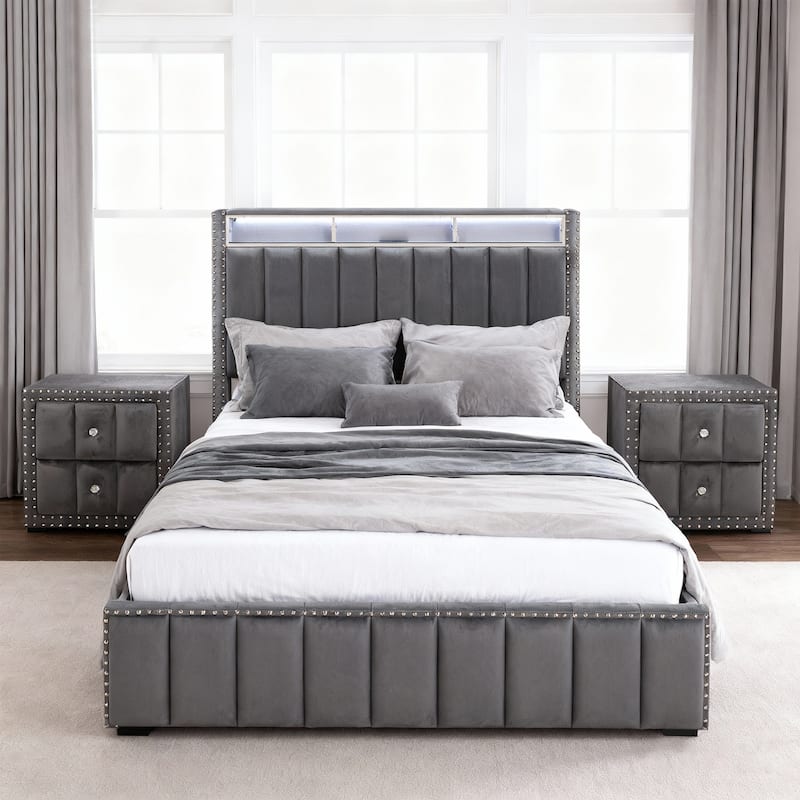 Contemporary Dark Gray Solid Wood Bed Frame with Open Compartments