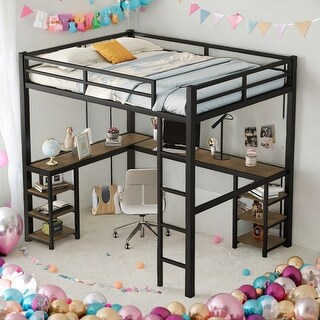 Full Size Loft Bed with Desk and Shelves with Ladder and Guardrails for Home
