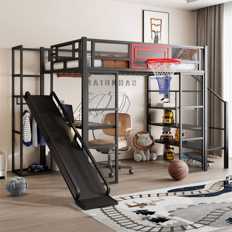 Metal Loft Bed with Bulit-in Desk, Slide and Open Wardrobe, Full Size Loft Bedframe with Storage Staircase and Basketball hoop - Black