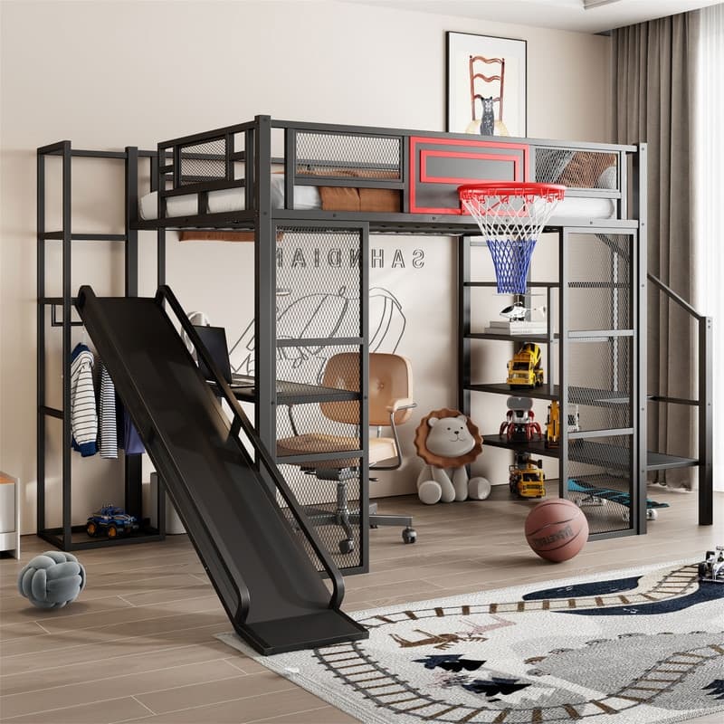 Metal Loft Bed with Bulit-in Desk, Slide and Open Wardrobe, Full Size Loft Bedframe with Storage Staircase and Basketball hoop