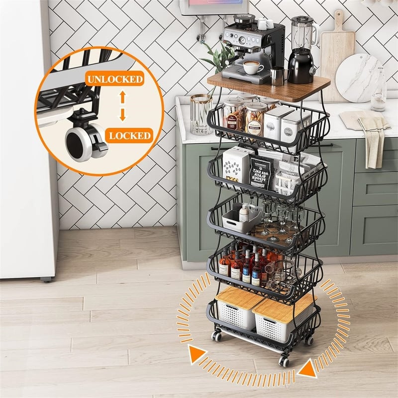 5 Tier Fruit Vegetable Basket for Kitchen with Wooden Tabletop