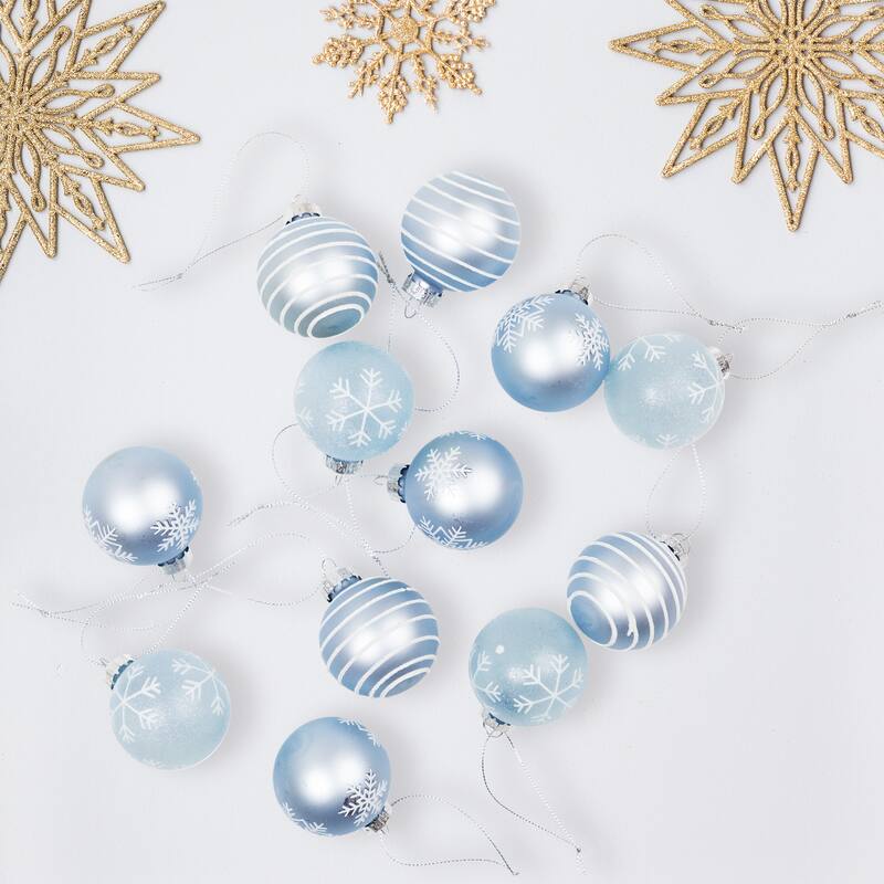 12ct Light Blue Glitter Textured Glass Christmas Ball Ornaments 1.75"
