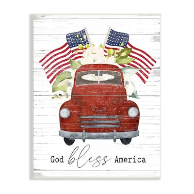 Stupell God Bless America Sentiment Americana Red Truck Flags Wood Wall Art - White