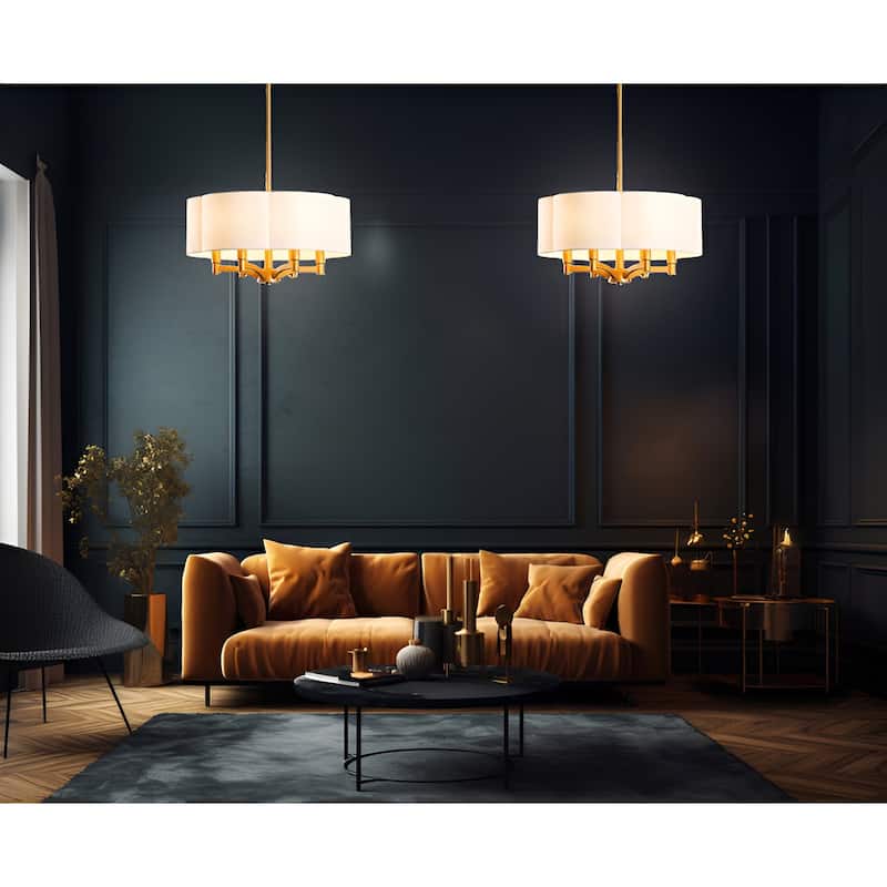 6-Light Palon Drum Pendant with White Fabric Shade Gold/Black Minimalist Lamp 17.5 Inch - N/A