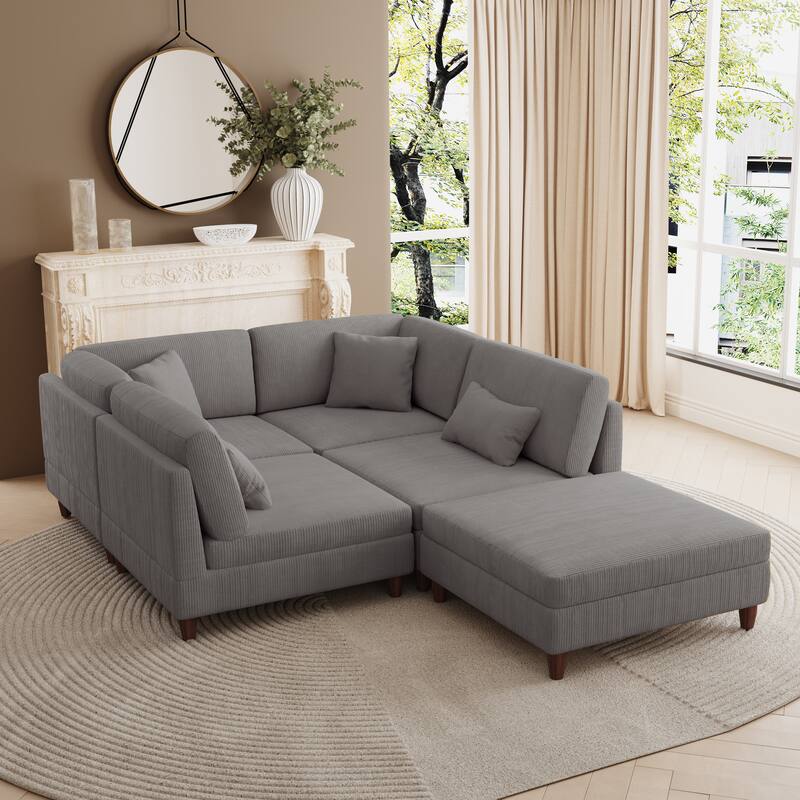 Corduroy Convertible Couch Modular Sectional Sofa with Ottoman