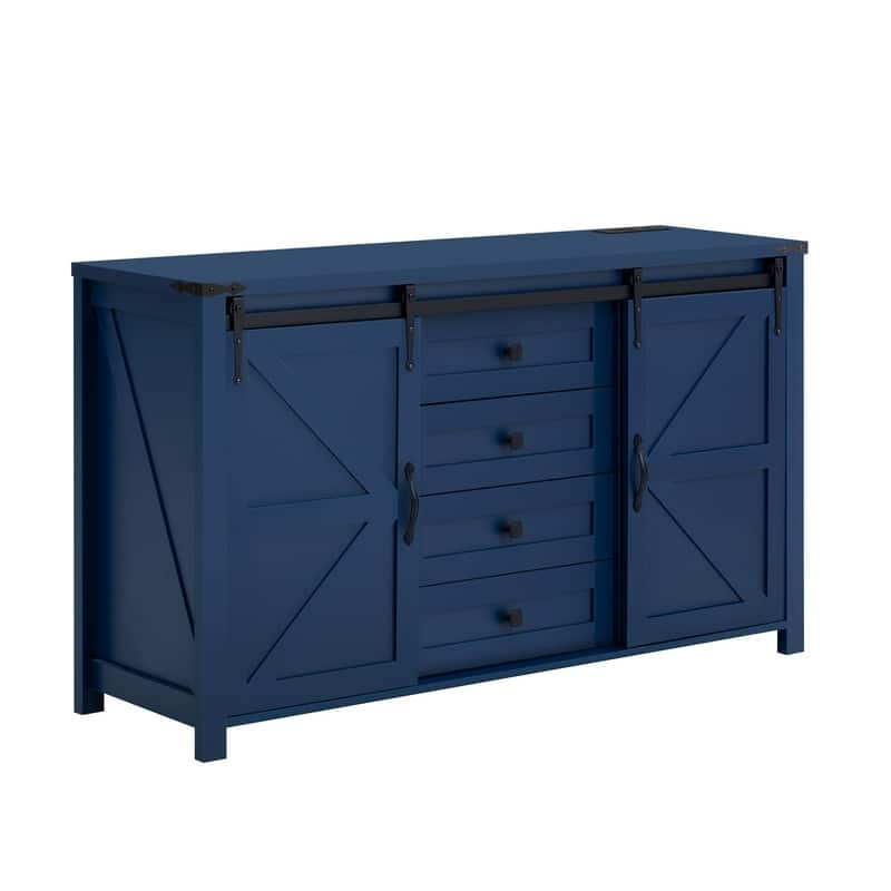 Farmhouse 55.1" Sideboard with Sliding Barn Doors and Storage Drawers, Wood Buffet Table with Power Outlet