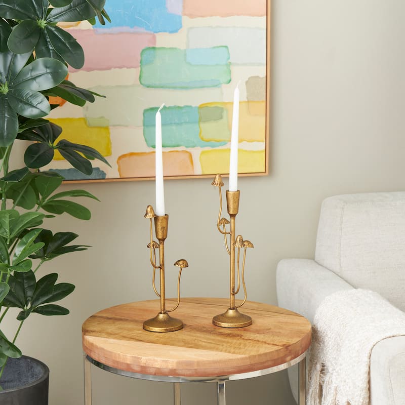 Metal Abstract Mushroom Inspired Candle Holder - Set of 2 Gold - Roche River Decor - 3"W x 4"L x 11"H