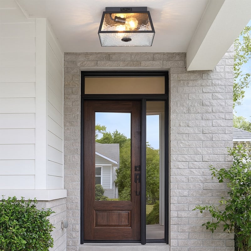 2-Light Black Outdoor Farmhouse Flush Mount Ceiling Light with Clear Water Glass