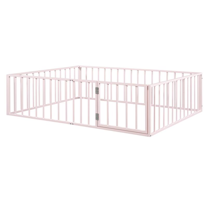 Metal Floor Bed Versatile Kids Bed without Slats, Sturdy Metal Floor Bed Frame with Fence and Door
