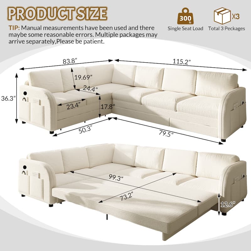 Homy Casa 85"/115" L-Shaped Sectional Sofa Bed USB & Side Pocket, Teddy Fabric Pull-Out Sleeper, Reversible Chaise, Multi Colors