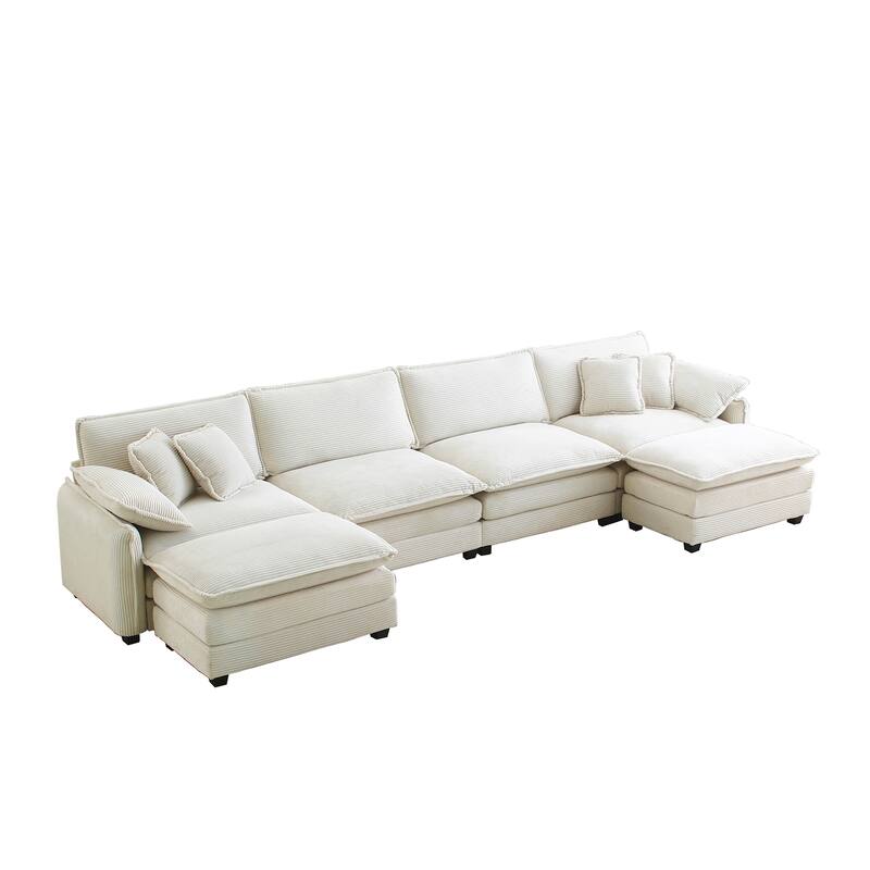 Beige 6-Piece Oversized Corduroy U-Shaped Modular Sectional Sofa with Ottomans