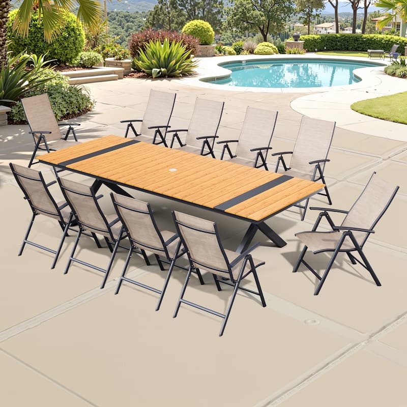 Aluminum Rectangular Outdoor Patio Dining Table with Durable Adjustable Reclining Folding Chair