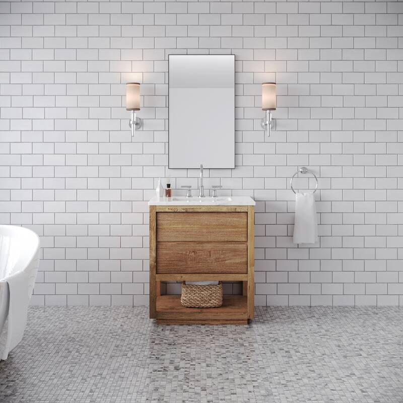 Oakman Mango Wood Carrara White Marble Countertop Bath Vanity with Faucet