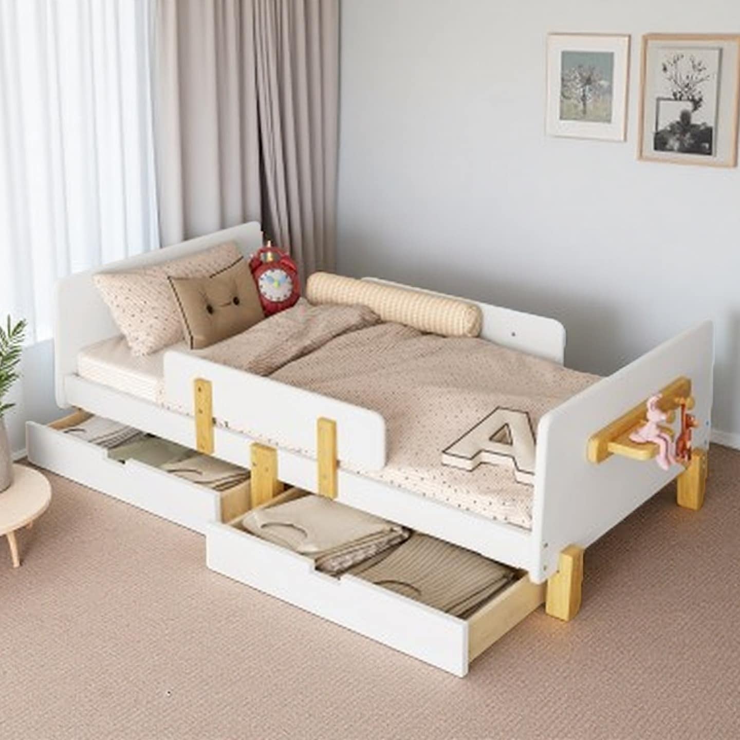 Full Size Wooden Platform Bed with Storage Drawers, Side Shelf and Hooks, Guardrails, Solid Wood Slats, No Box Spring Needed