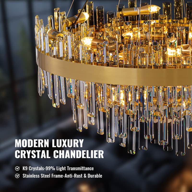 32 in. 4-Tier Modern Crystal Chandelier Brass Gold Round Crystal Raindrop Chandelier Contemporary Pendant Light for Dining Room