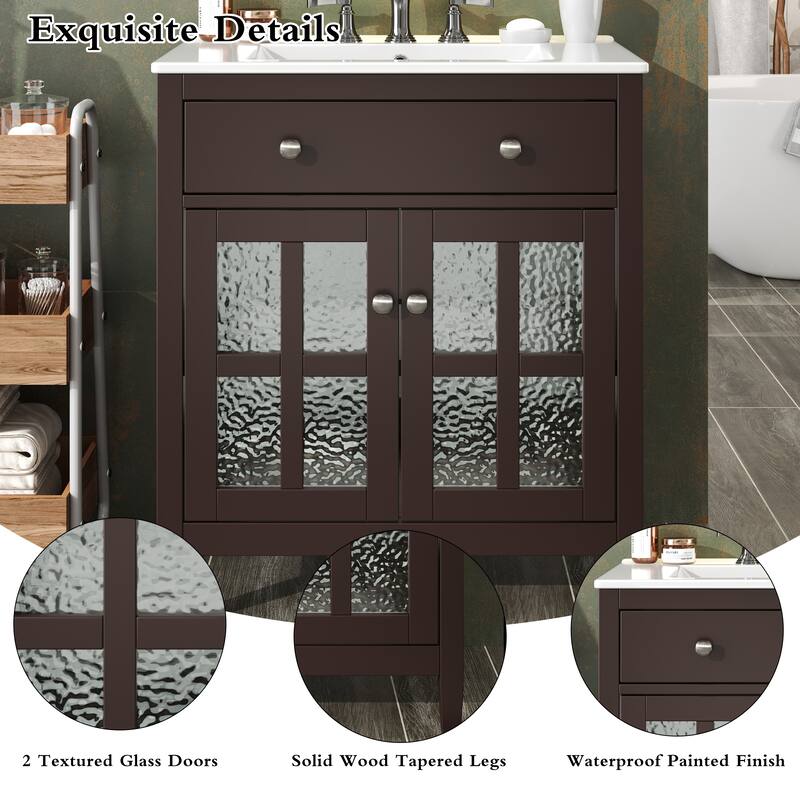 30" Storage Cabinet with Glass Doors, Bathroom Vanity with Ceramic Sink, Adjustable Shelf, Tip-Out Tray and Silver Metal Knobs