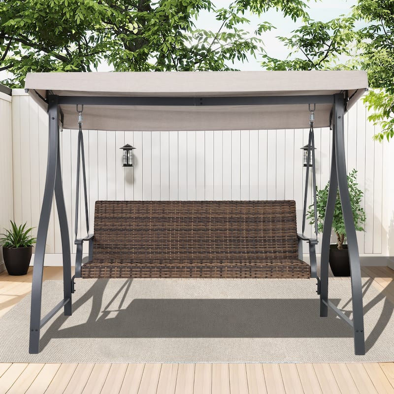 Aoodor 3-Seat Outdoor Rattan Patio Swing with Adjustable Canopy - Stylish Comfort for Your Porch, Garden, and Yard - Khaki