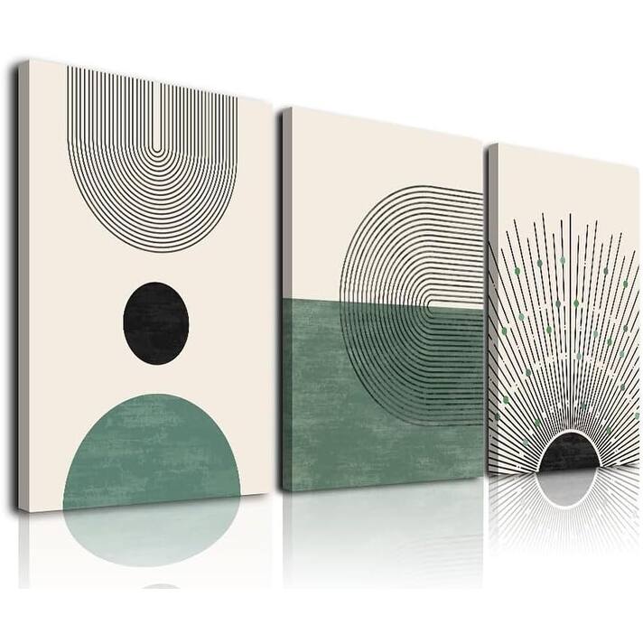 Minimalist Beige Green Sun Geometry Black Line Artwork Paintings - 12 x 16
