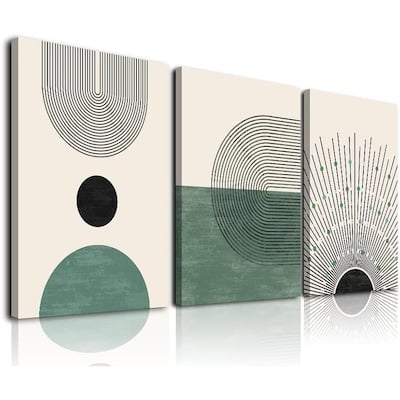 Minimalist Beige Green Sun Geometry Black Line Artwork Paintings
