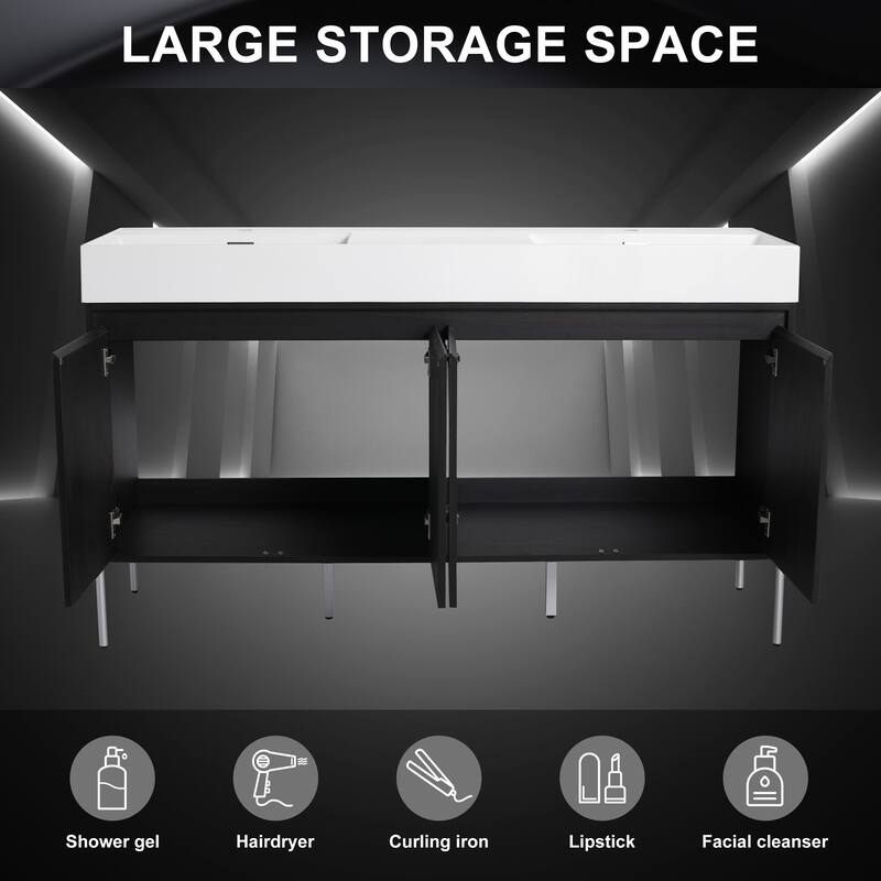 GDFStudio - Sydney Modern Freestanding Bathroom Vanity Cabinet with Double Resin Sink & 4-Soft Closing Doors - 60"
