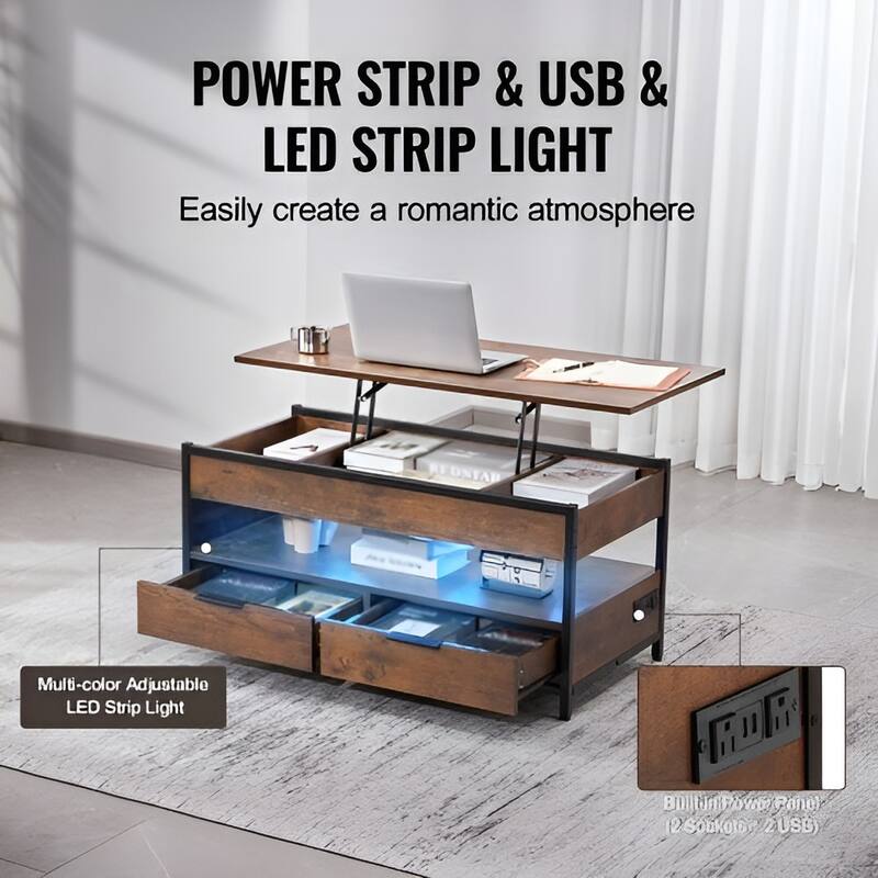 Lift Top Coffee Table with Storage, USB Ports & LED for Living Room - 39.37 x 19.61 x 18.90 in