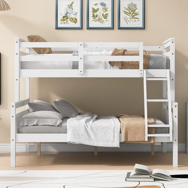 slide 2 of 10, Twin over Full Bunk Bed Wood Frame Guardrail Bed with Ladder and Headboard & Footboard for Kids Teens White