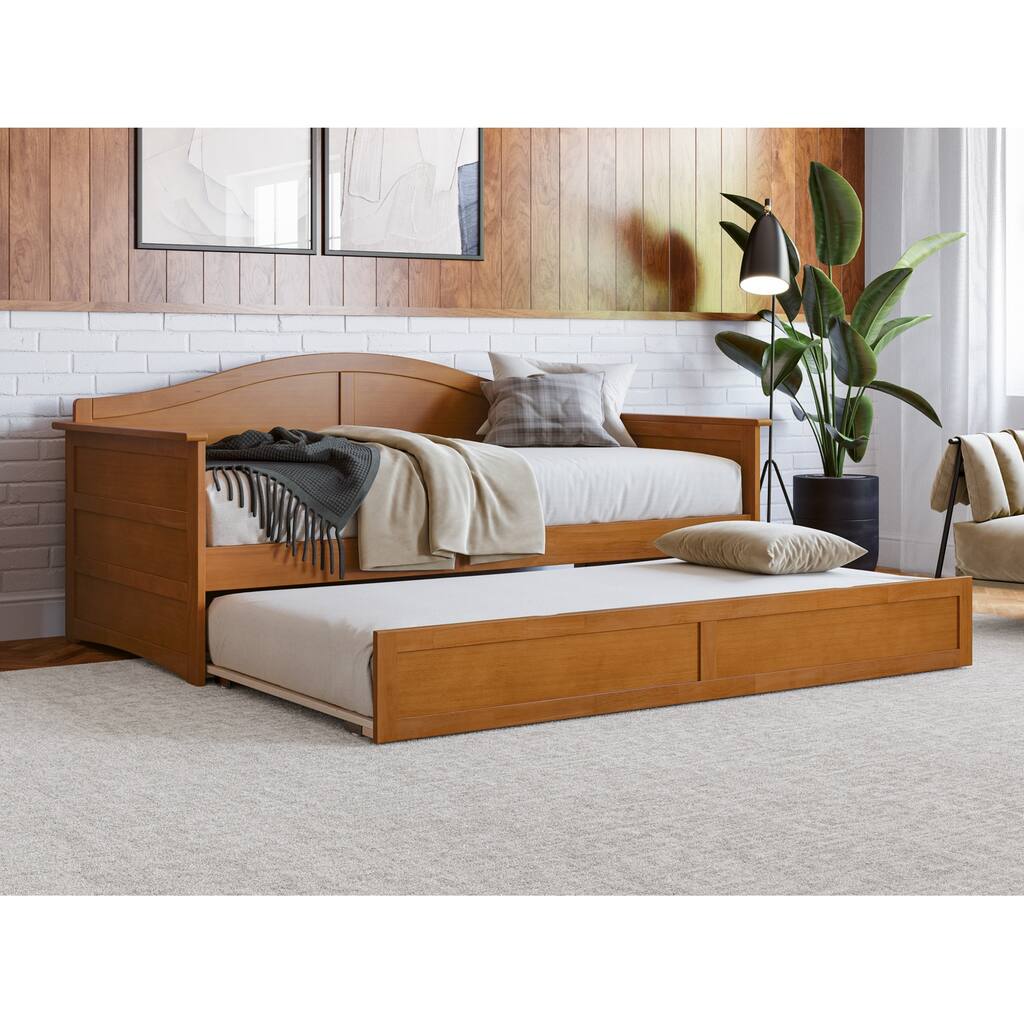 Twin Daybed with Trundle - Modern Solid Wood Frame - Light Toffee Finish - Space Saving Sleeper