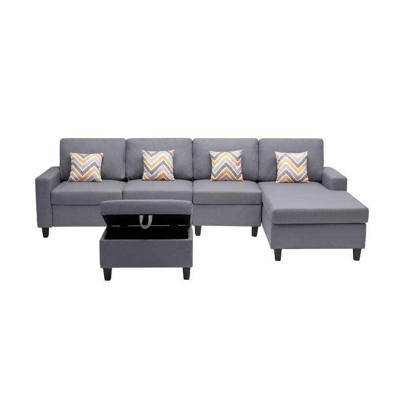 Linen Fabric 5 Piece Reversible Sofa Chaise with Interchangeable Legs and Storage Ottoman in Grey