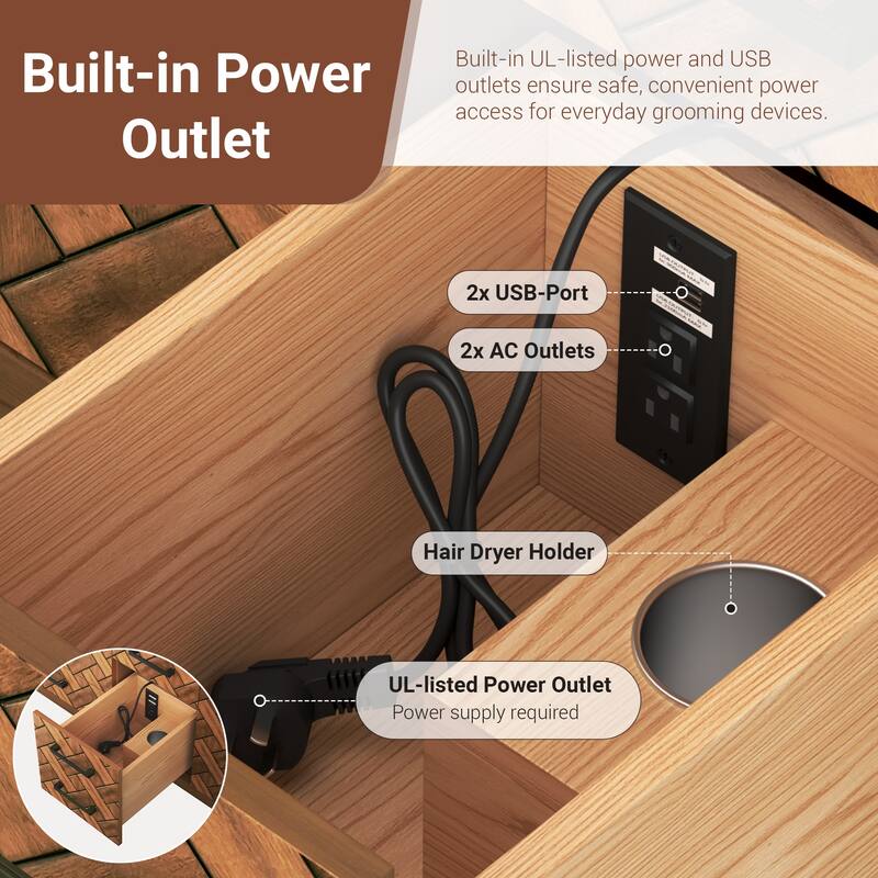 60" Freestanding Bathroom Vanity with Engineered Stone Top, Ceramic Double-Sink, Built-In Power Outlet, and Hair Dryer Storage