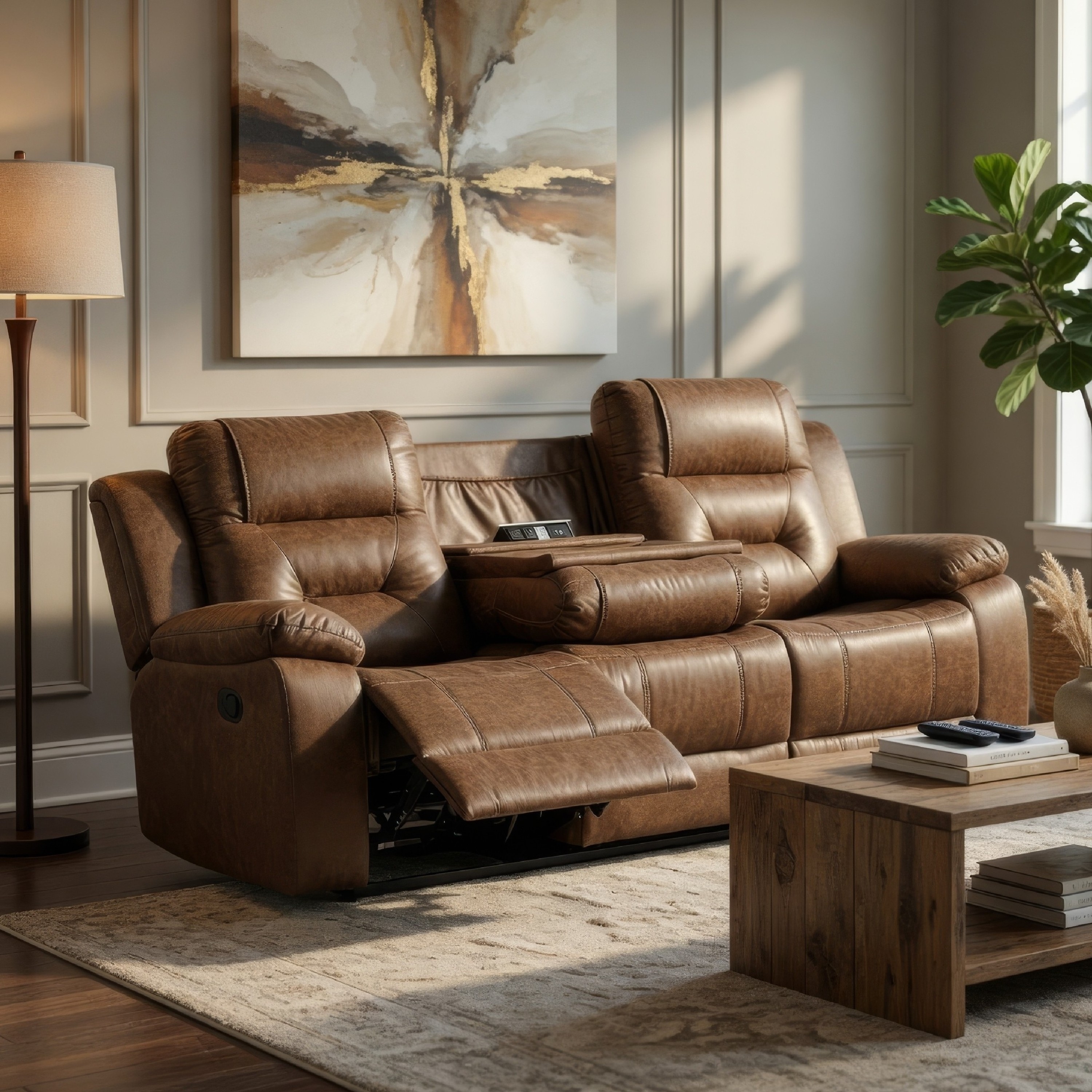 Kius Manual Recliner Sofa, Brown Faux Leather, 82 Inch, USB Chargers