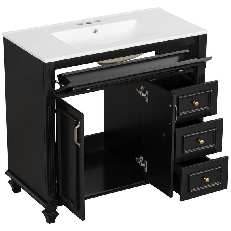 36" Bathroom Vanity with Ceramic Sink, Freestanding Bathroom Vanity Cabinet with Flip-Out Drawer, 3 Drawers & 2 Soft-Close Doors