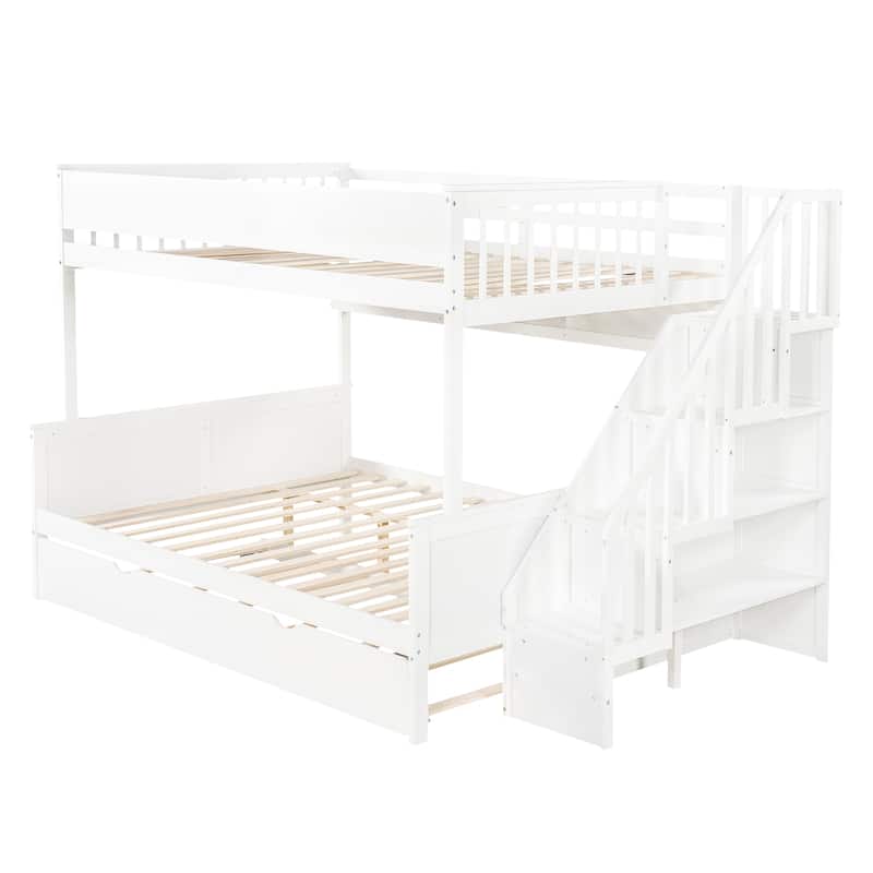 Full XL Over Queen Bunk Bed with Staircase Storage, Underbed Trundle, Open Shelf & LED Light by Harper&Bright Designs