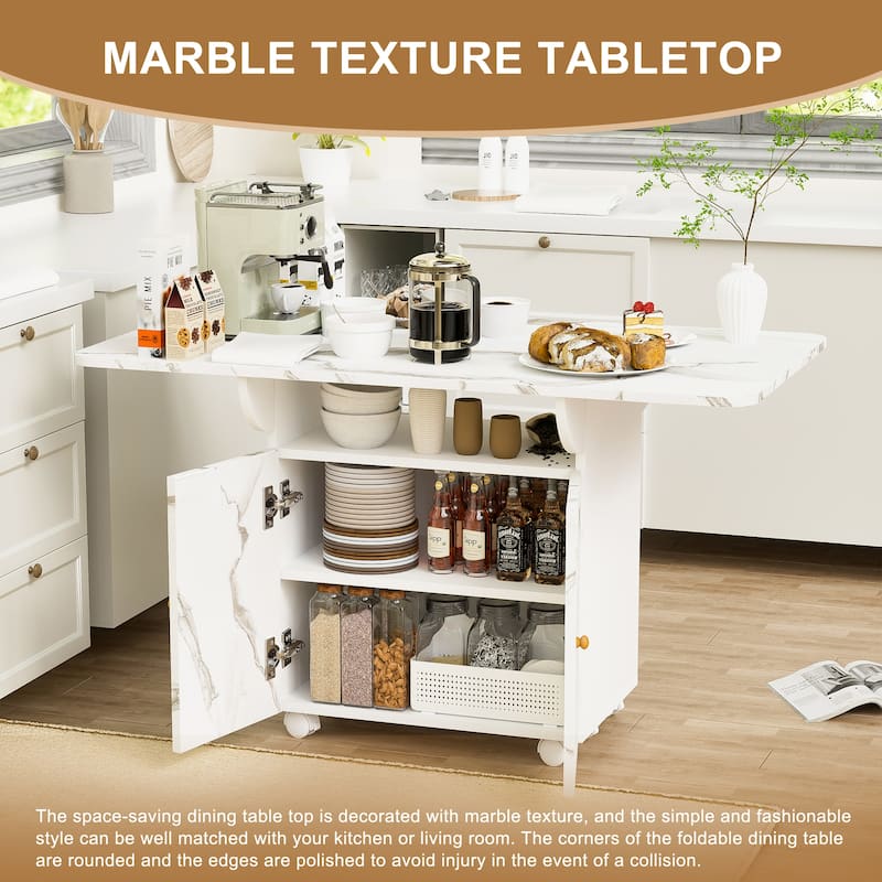 47" Wood Folding Dining Table with Storage Rack & Cabinet, Removable Kitchen Island Table with 6 Wheels, Side Table