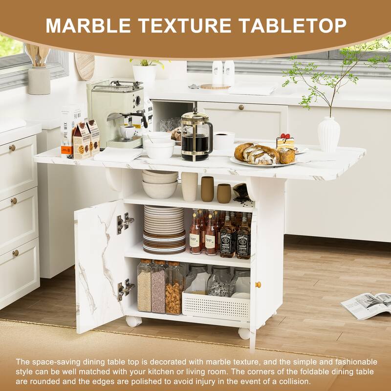 Marble Texture Folding Dining Table with Storage Rack and Cabinet, Removable Entryway Table with 6 Wheels