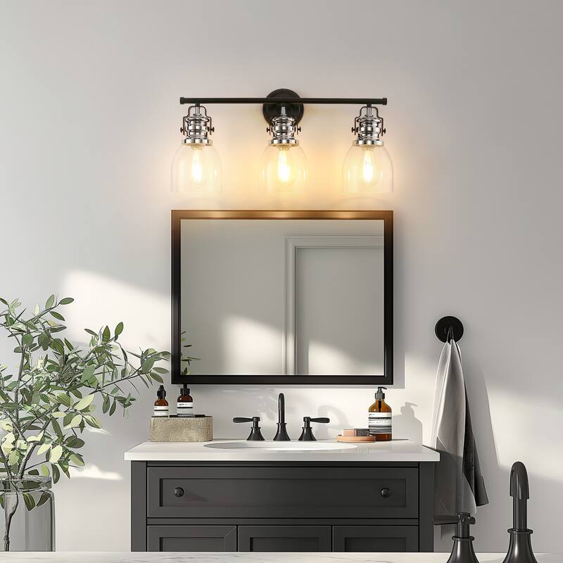 3-Light Brushed Nickel Cylinder Modern Bathroom Vanity Light with Clear Glass Shade,Wall Lamp for Mirror Kitchen Bedroom