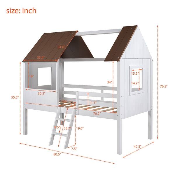 Twin Size Low Loft Wood House Bed with guardrail and two side windows ...