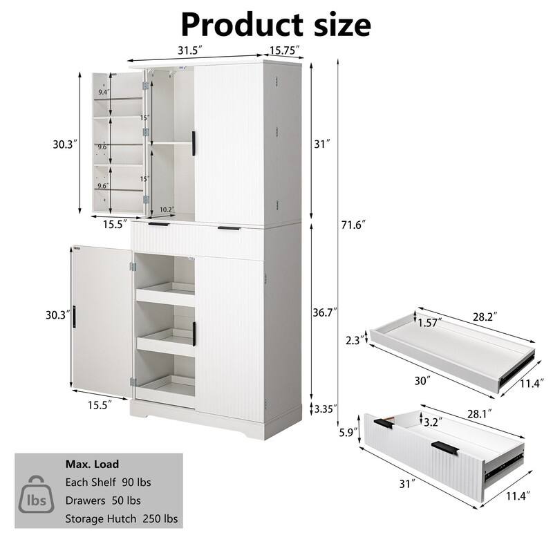72" Fluted Kitchen Pantry Cabinet, Freestanding Cupboard Storage Cabinet with Drawers and Adjustable Shelves