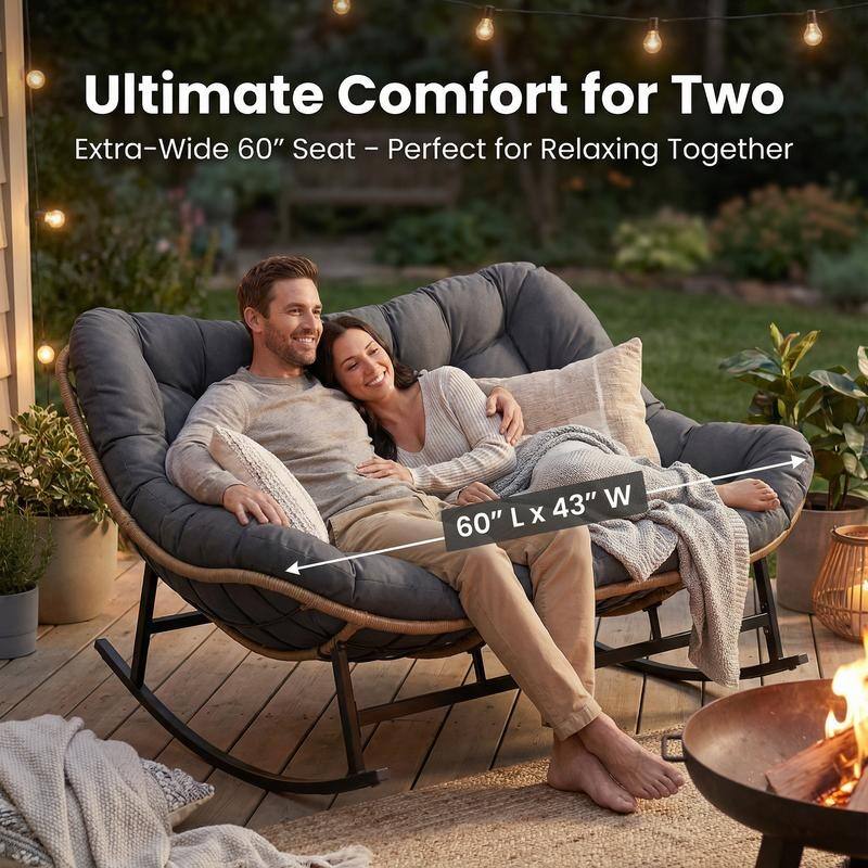 FINCATI Oversized Double Rocking Chair Outdoor Indoor, 40" D x 58" W Double Papasan Rocking Chair with Padded Cushion