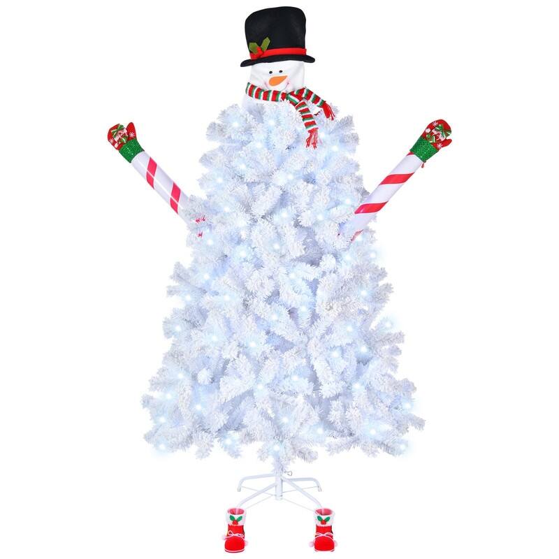 6.5ft Snowman Shape White Flocking 140 Lights Cool Color 8 Modes Christmas Tree - N/A - 6.5 Foot