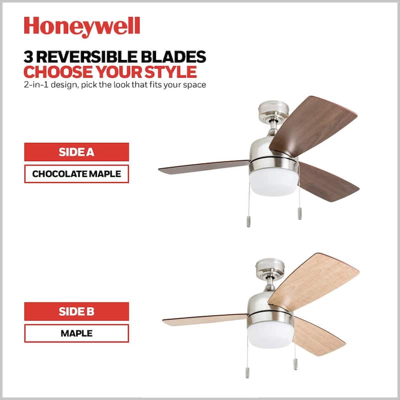 Honeywell Barcadero Modern Brushed Nickel LED Ceiling Fan with Integrated Light 44inch On