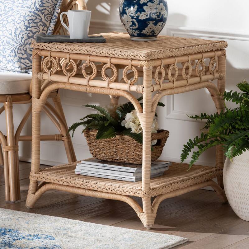 Oxford Braided Natural Rattan End Table with Shelf - Boho Table with Loop Detailing, Coastal Style for Living Room or Bedroom
