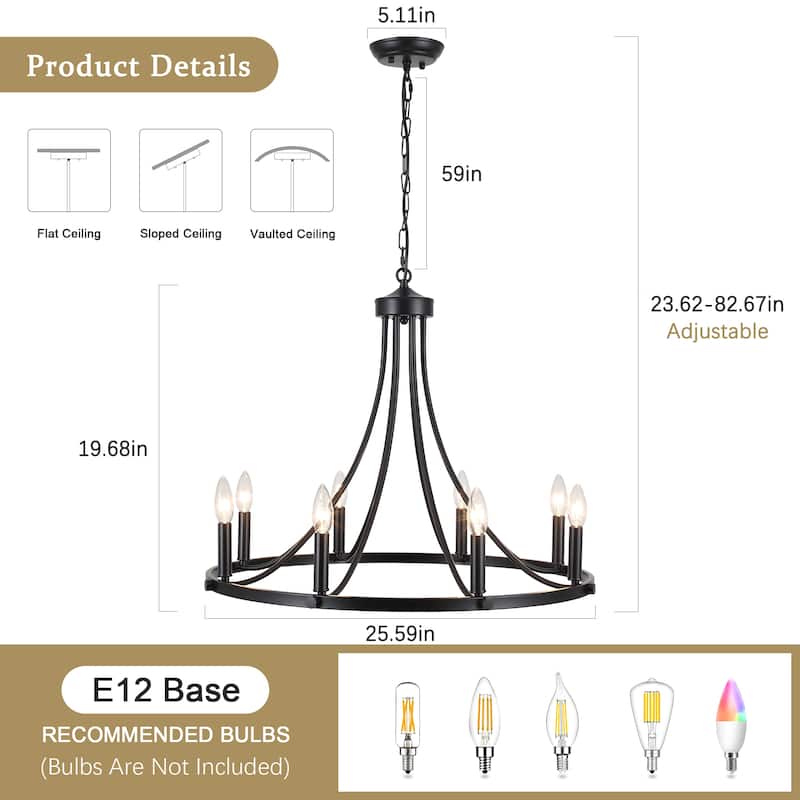 8-Light 25.59 in. Rustic Wagon Wheel Chandelier for Kitchen Living Room