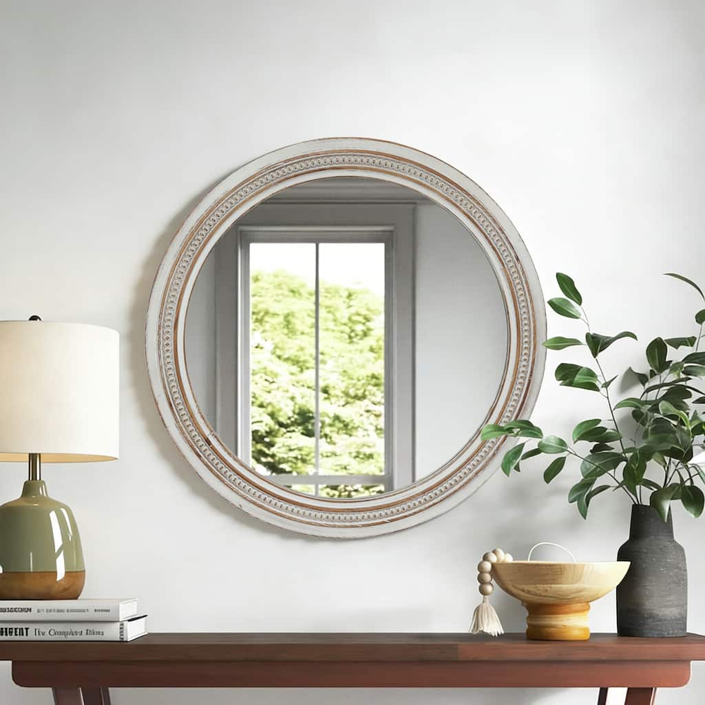 Vintage Round Wall Mirror, 23.62" Decorative Distressed White Frame Mirror with Ornate Beaded Trim for Bathroom/Living Room